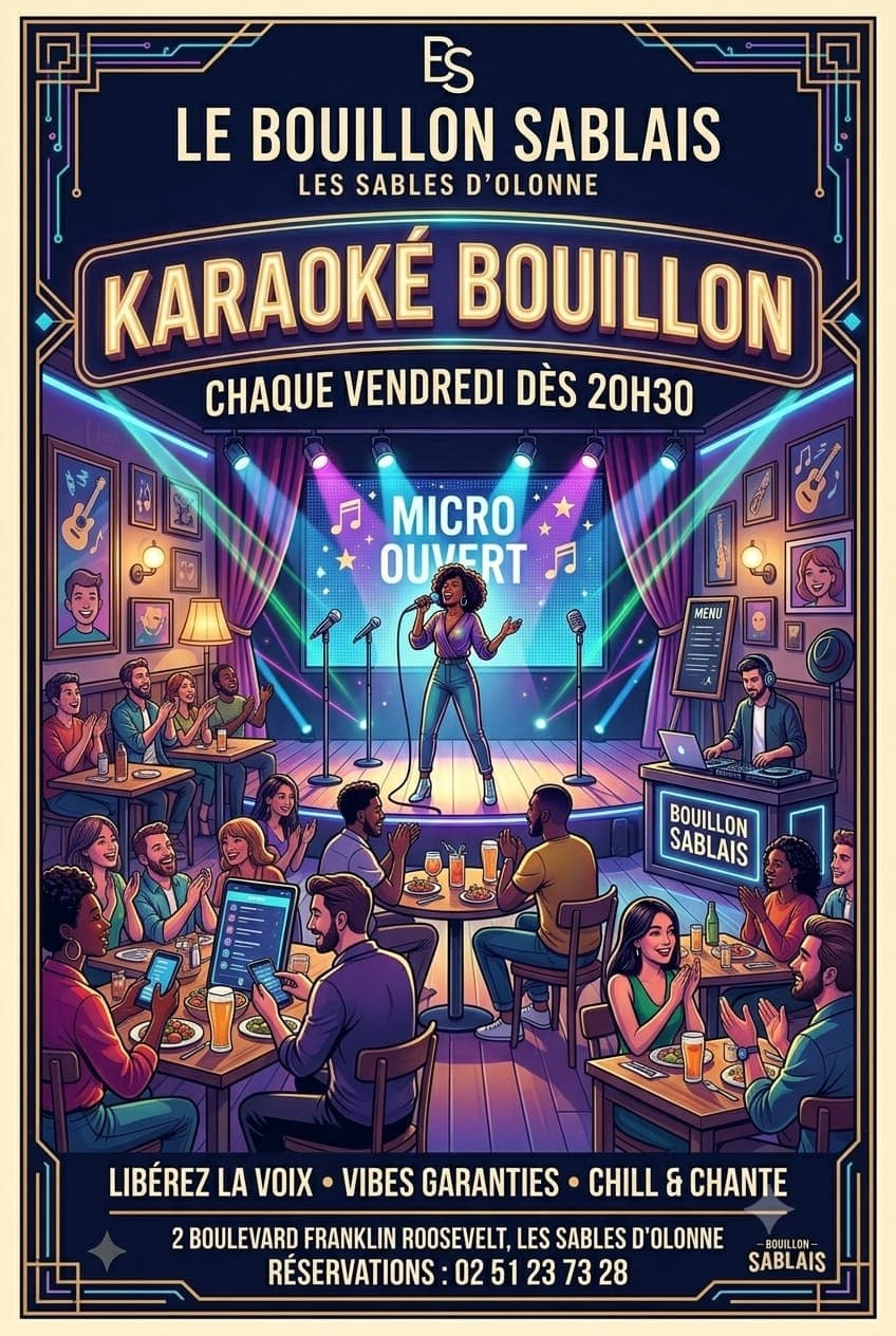 Affiche du karaoké du vendredi dès 20h30 au Bouillon Sablais