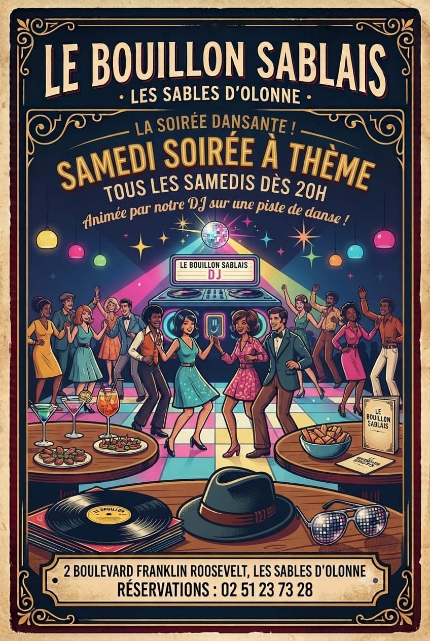 Affiche de la soirée à thème du samedi dès 21h30 au Bouillon Sablais